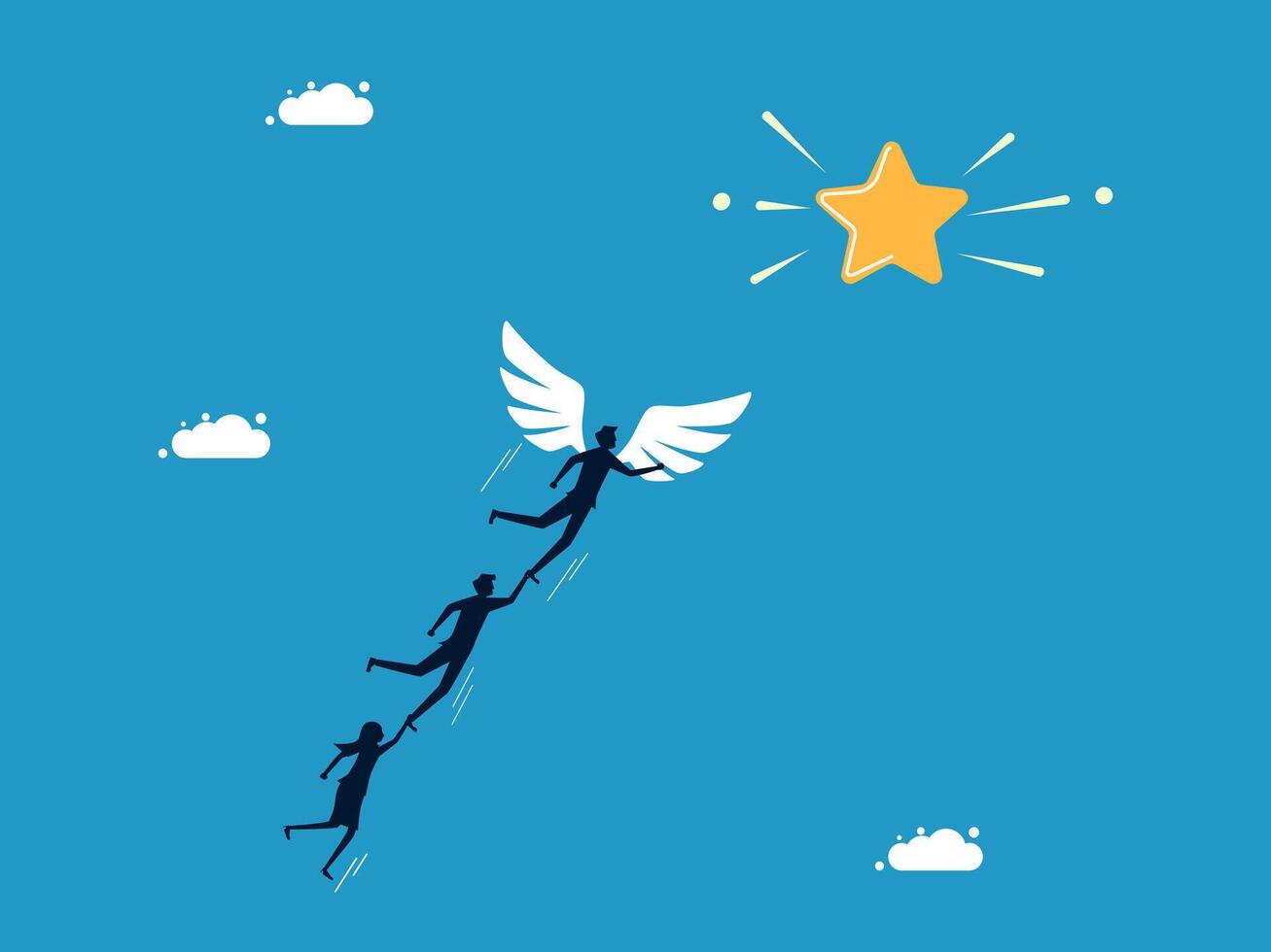 Team of businessmen flying towards star success vector