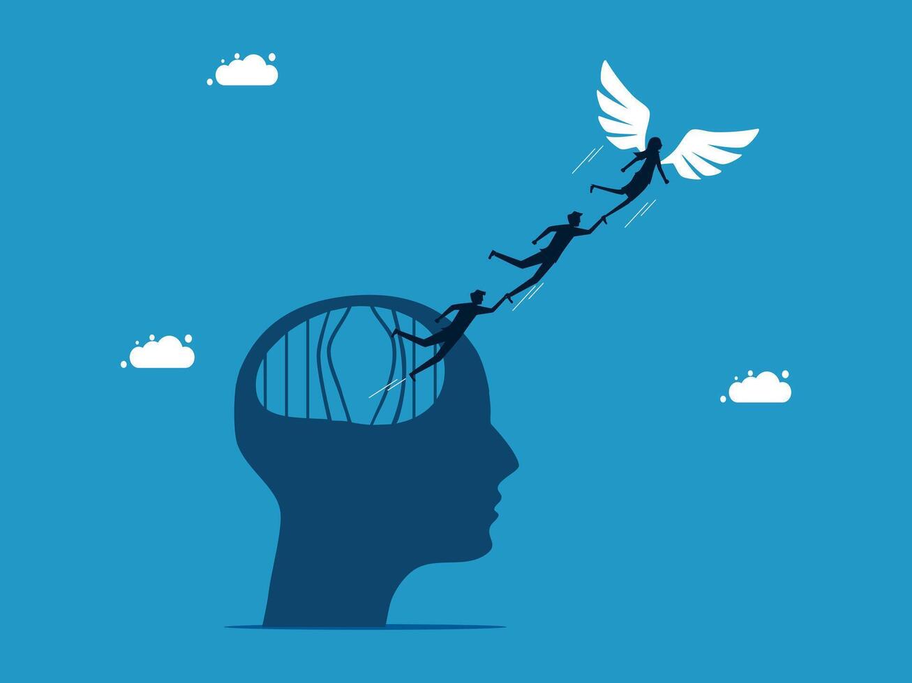 business team flying above a brain with a wing vector