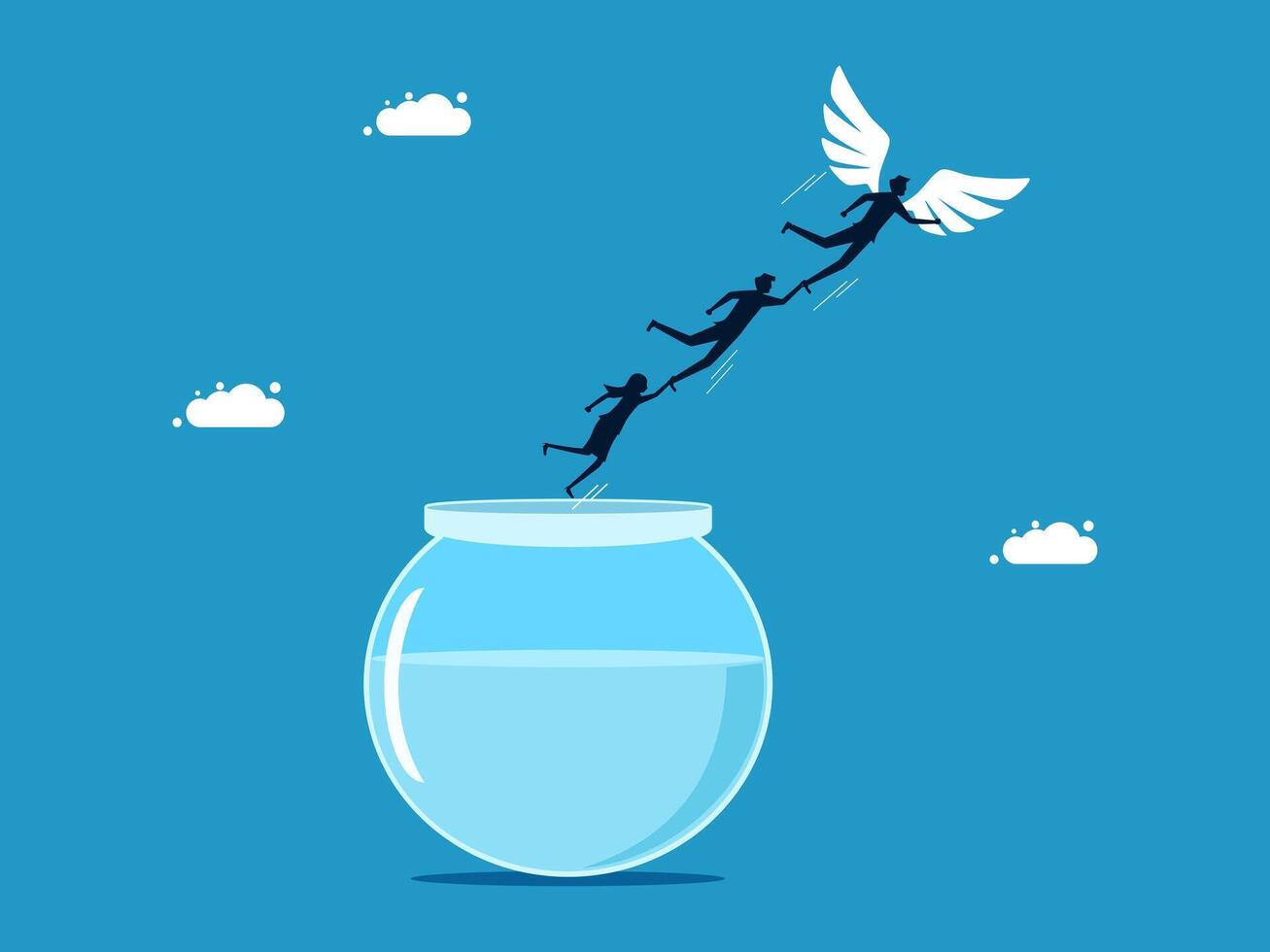 a fish bowl with people flying out of it vector