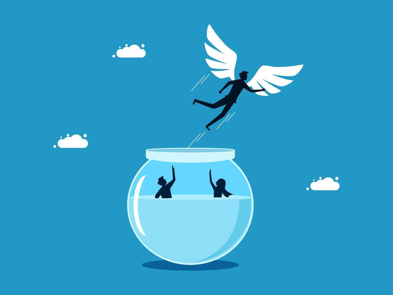 a man is flying out of a fish bowl with wings vector