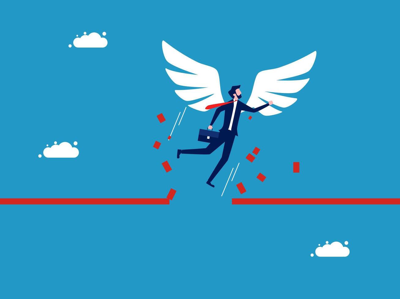 businessman with wings is running on a red line vector