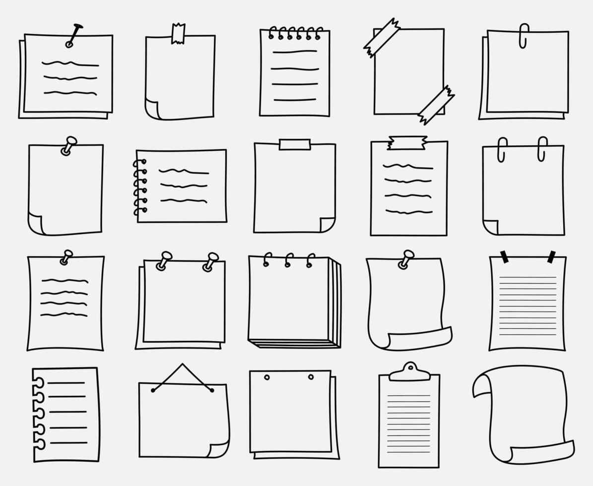 Collection of various note papers. Hand drawn doodle notepaper for messages set. vector