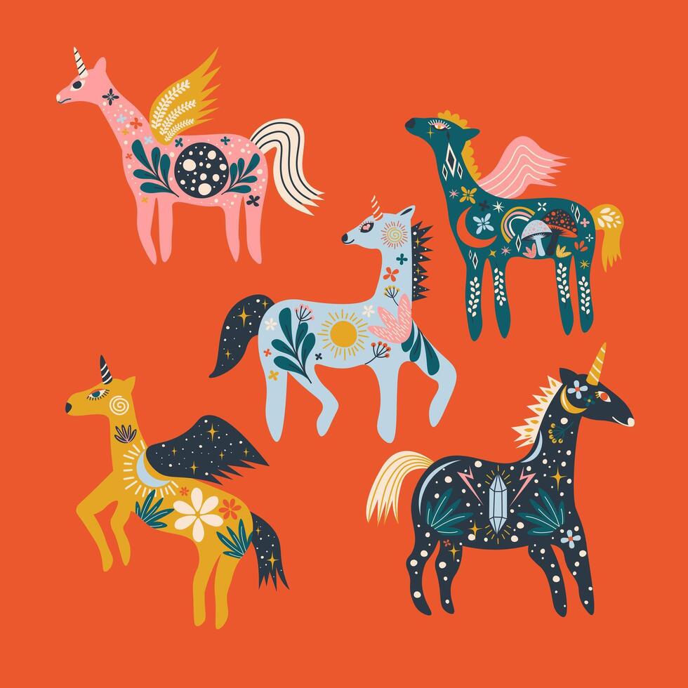 Folk Art Animal Unicorn Design Element vector