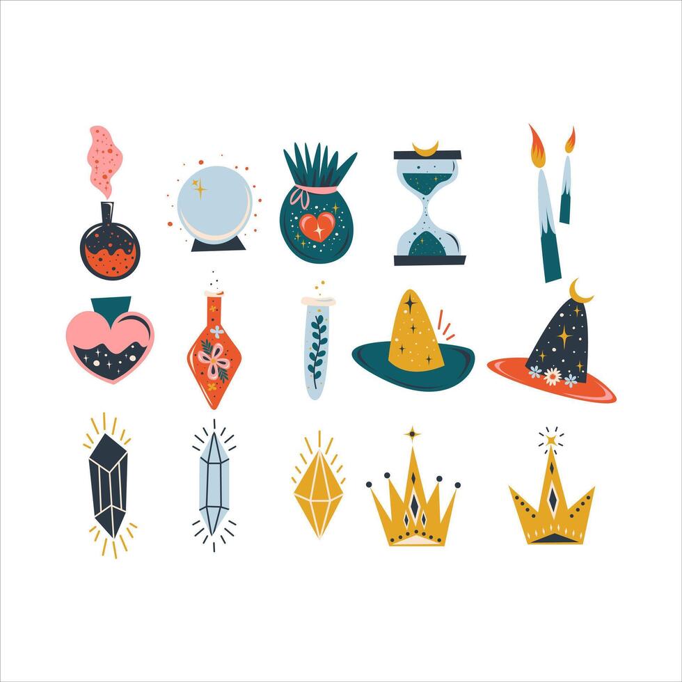Set of Folk Art Witch Design Element vector