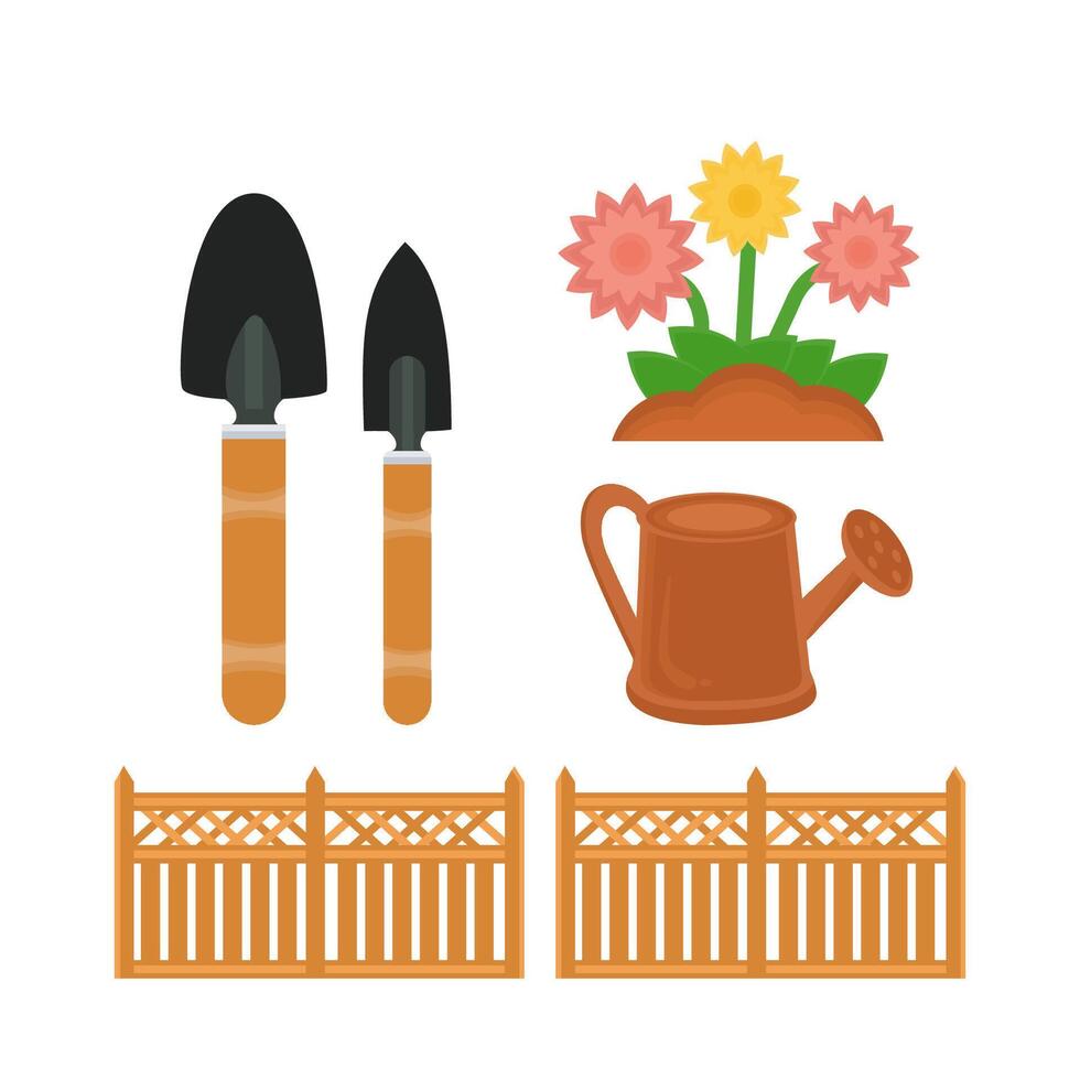 Flat gardening tool icons spades, blooming flowers, watering can, and fences vector