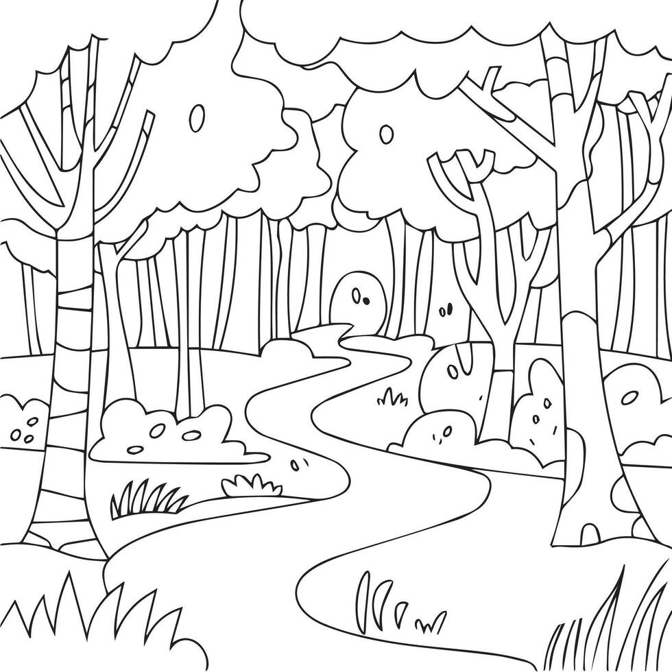 A coloring page with a path in the forest vector
