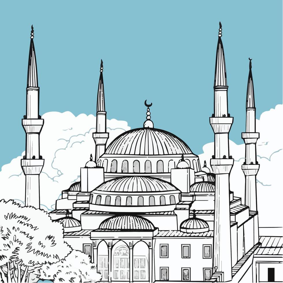 A blue mosque coloring page with a blue mosque vector