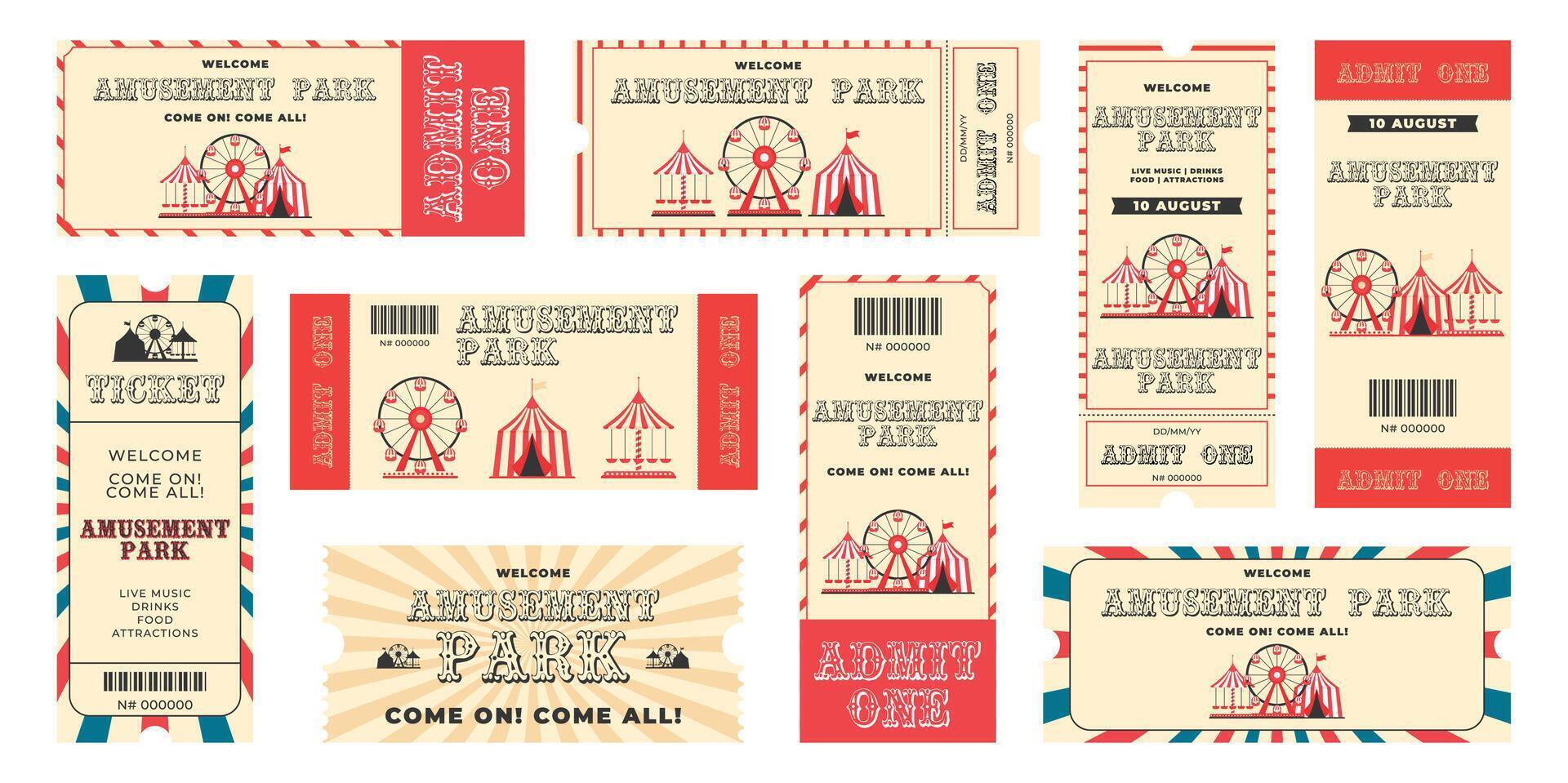 Vintage amusement park horizontal and vertical tickets set. Ferris wheel, circus tent, carousel, decorative elements and more details events. Flat illustration on white background vector
