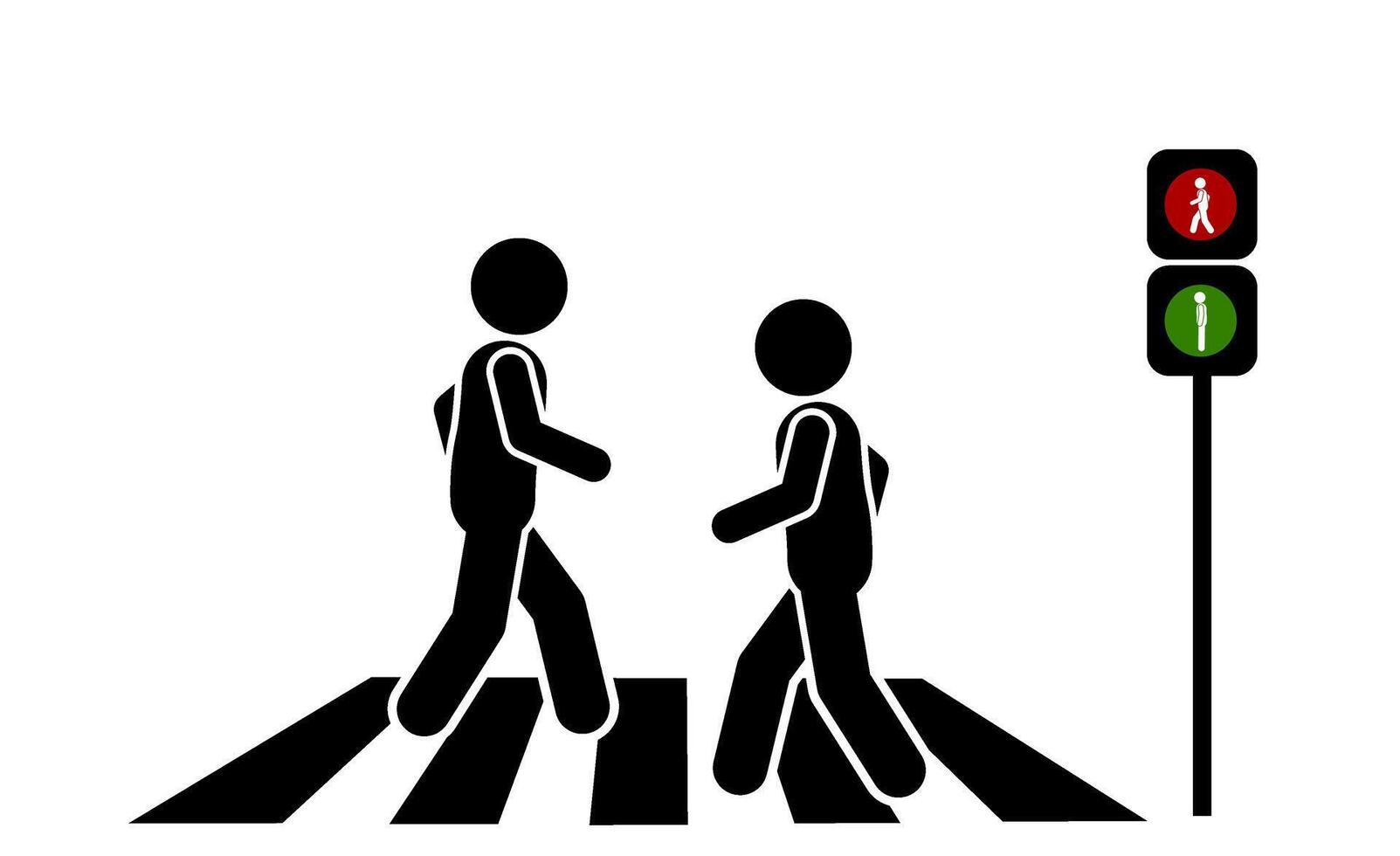A stickman flat character illustration walking on a zebra crossing, with traffic lights showing walk or stop signals. vector