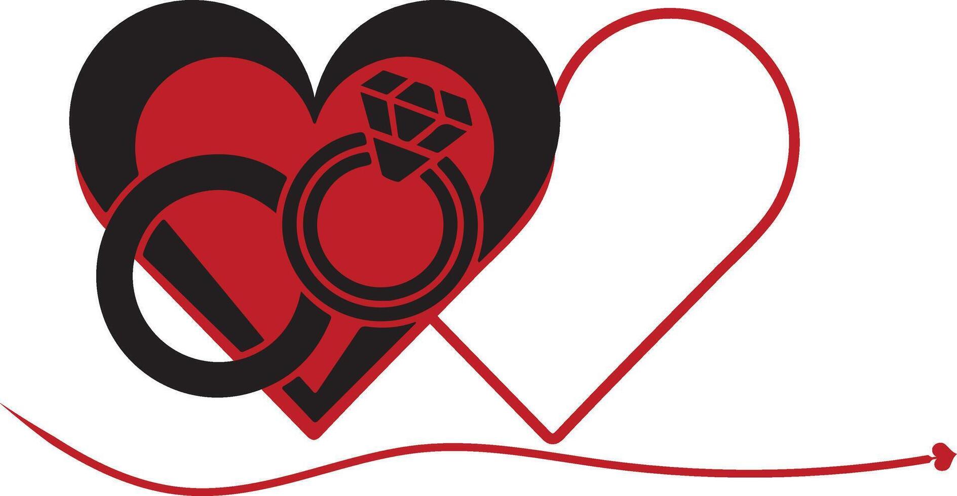 Two intertwined rings in the center of a red and black heart. Love concept vector