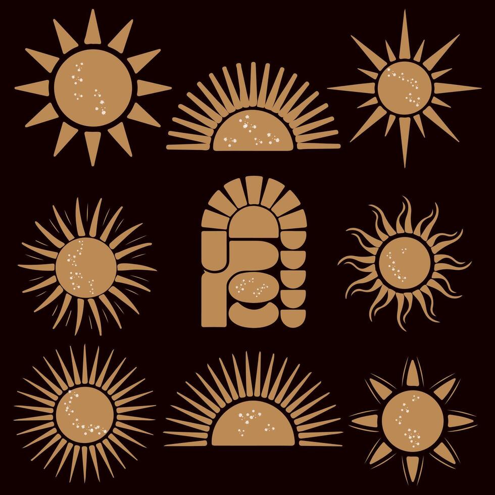 Set of mystical magic different sun and moon. Spiritual occultism objects, trendy style. Elements template for posters, prints, patterns, illustrations and logos. vector