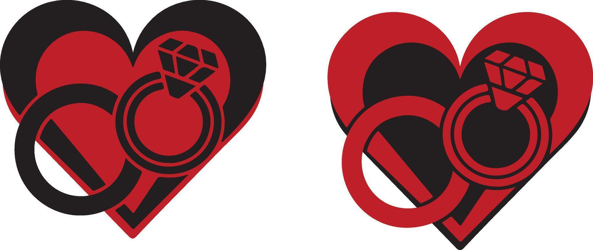 Two intertwined rings in the center of a red heart. Love concept vector