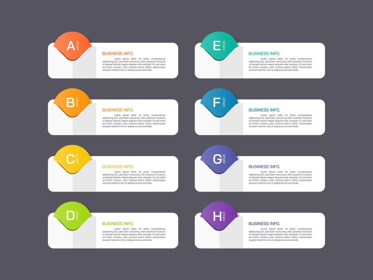 Modern infographics business design with 8 option concepts, parts, steps or processes can be used for workflow layout, diagram, number options, web design. infographic element. vector