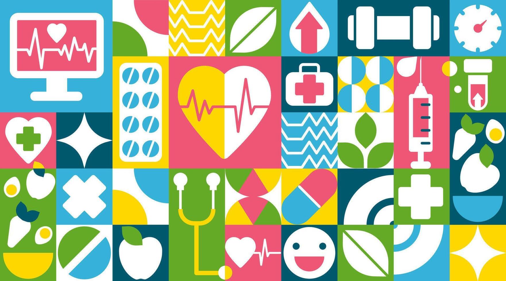Bauhaus Medical Seamless Pattern. Heart Health, Nutrition, and a Healthy Lifestyle vector