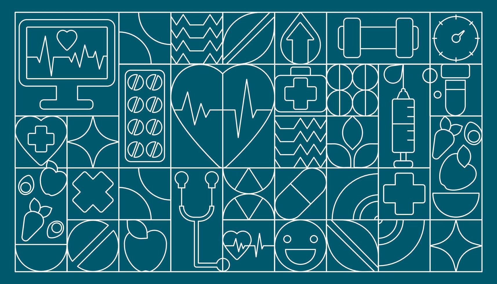 Medical Line Art Seamless Pattern. White Lines on Blue with Symbols of Heart Health vector