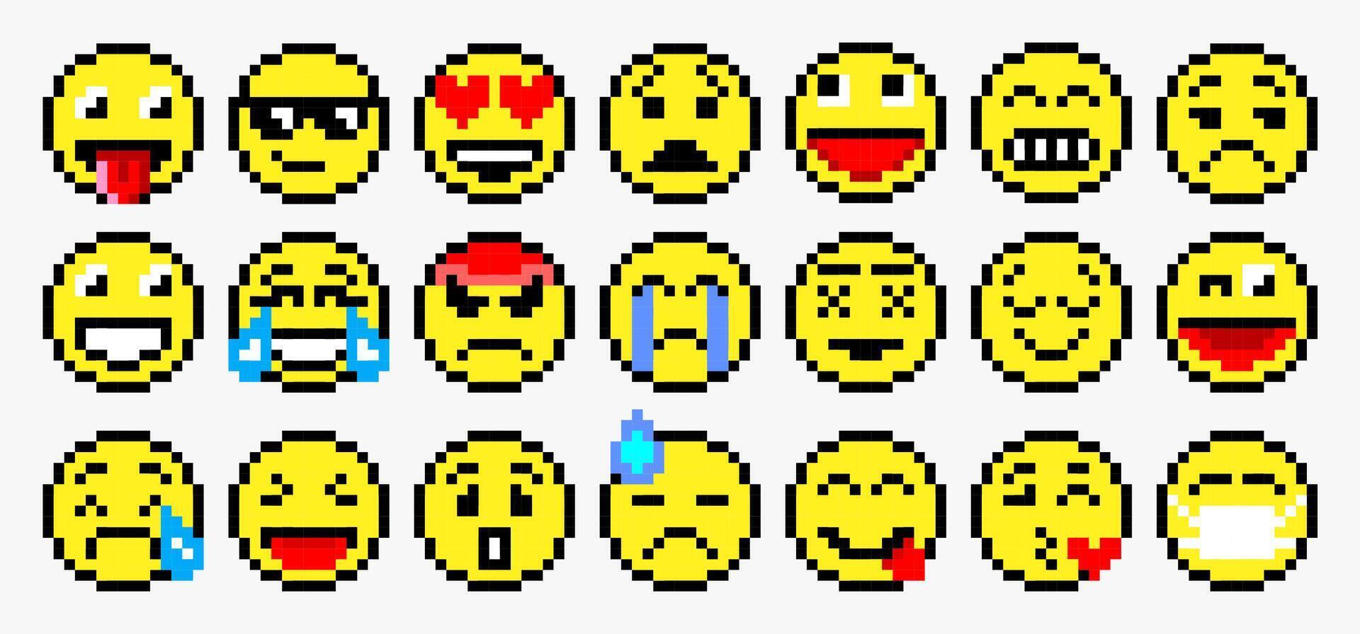 Pixel art of various emoticon. Pixelated emoji pack. Set of emoticons pixel art. Various faces. vector