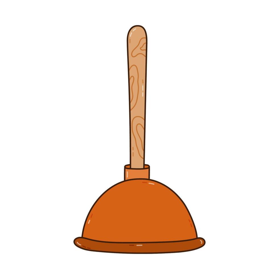 Cute outline rubber toilet plunger with wooden handle to unclog plumbing, pipe at sink, toilet. Hand drawn tool for housekeeping and clean up clogging. Colorful doodle isolated on white background. vector