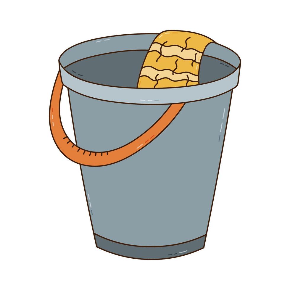 Cute colourful doodle plastic bucket with rag in it for washing floor and cleanse apartment. Hand drawn pail with cloth for wet cleaning. Funny equipment from dust, dirt isolated on white background. vector