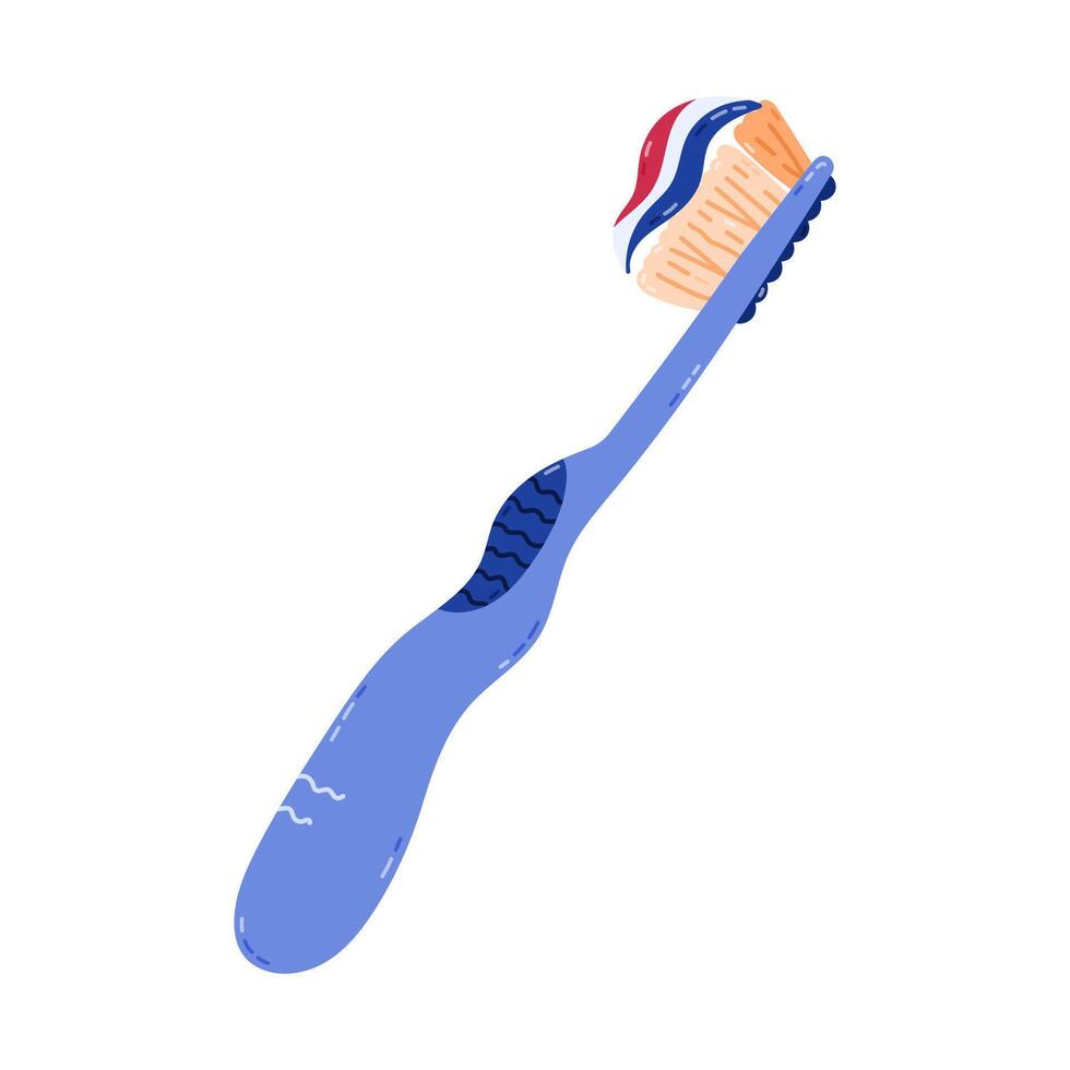 Lovely cartoon manual toothbrush with squeezed toothpaste on it. Cute hand drawn brush for teeth hygiene and everyday dental routine for kids and adults. Oral care clipart isolated on background. vector
