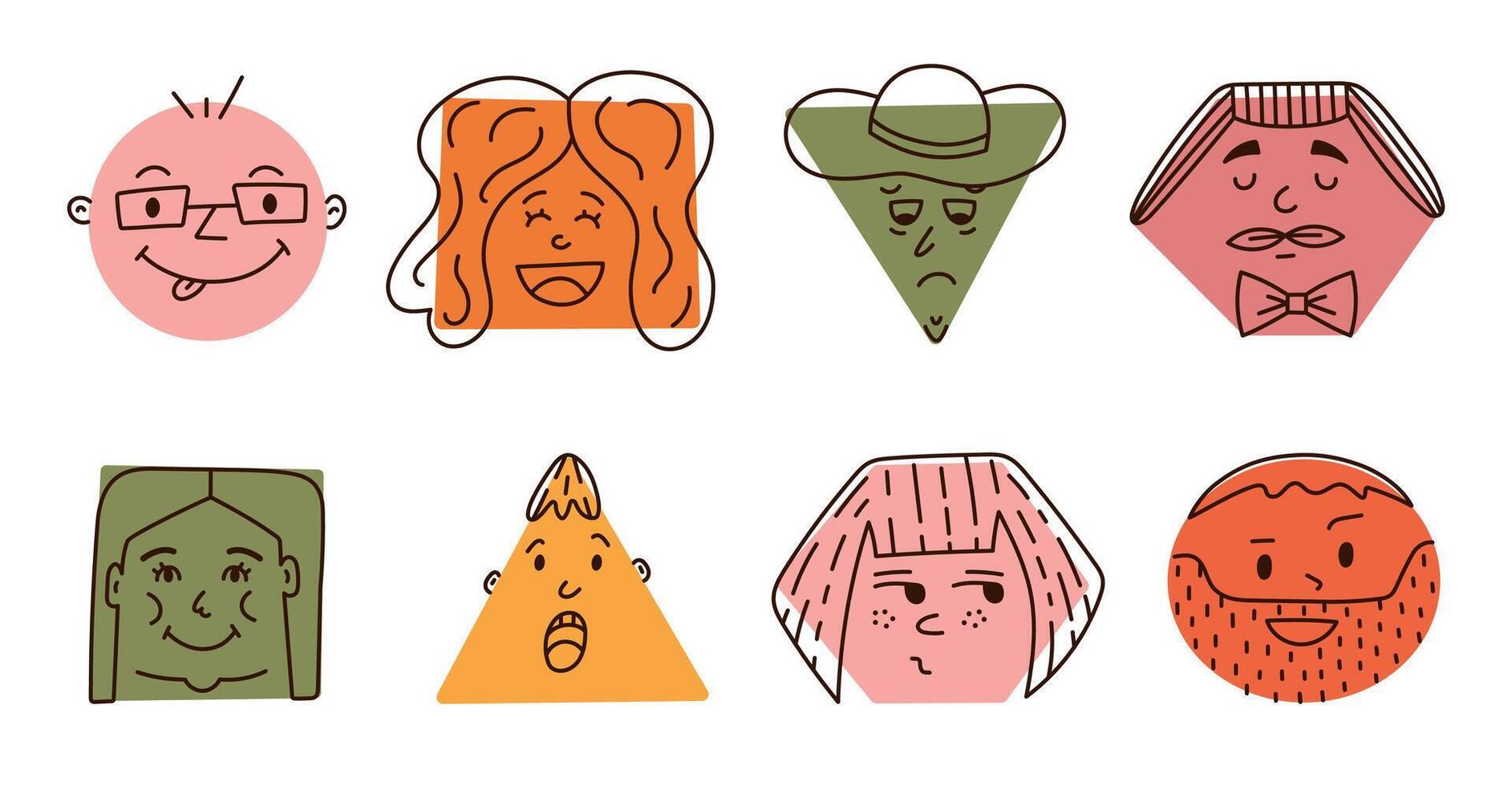 Cute cartoon set of comic faces with joyful and frustrated emotions in geometric shapes. Hand drawn crayon caricature emoticons with line expressions in circle, triangle, rectangle isolated on white. vector