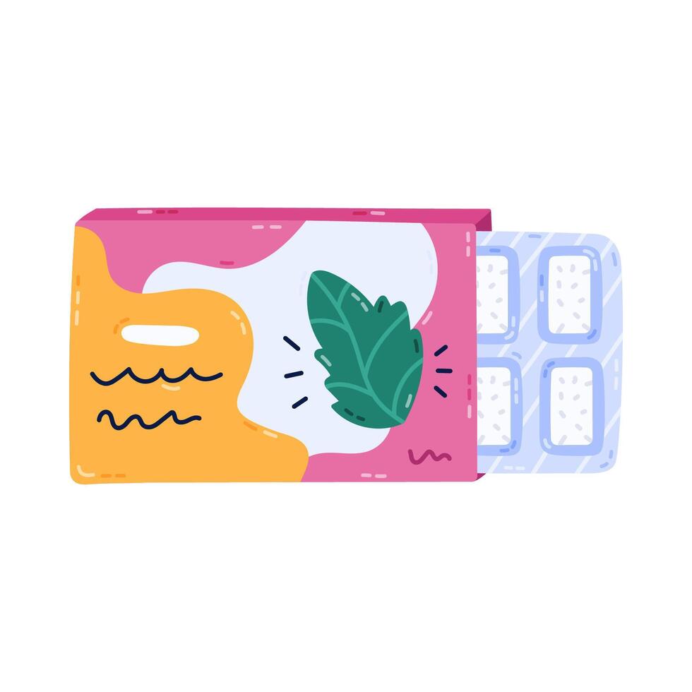 Lovely cartoon chewing gum pads in blister with mint flavor showing from bright packaging. Trendy hand drawn sugared bubble gum dragees for refreshing breath, teeth hygiene. Clipart isolated on white. vector
