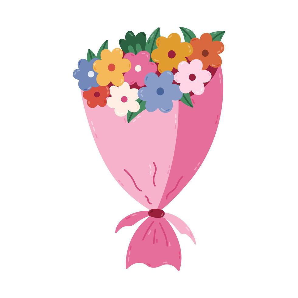 Childish cartoon bouquet of flowers for present at Valentine day, birthday, International Women Day, wedding. Hand drawn spring floral gift. Cute clipart of bunch of flower blossom isolated on white. vector
