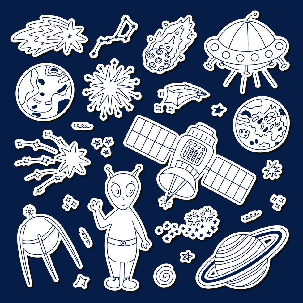 Cute line sticker set about space, astronomy for planners, notebooks. Printable list of childish stickers with doodle of alien, satellite, UFO planet Venus, Big Dipper. Diary decoration layout. vector