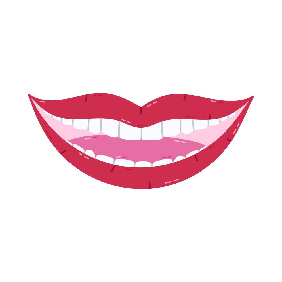 Trendy cartoon open smiling mouth with white and shiny teeth. Lovely hand drawn woman lips as symbol of dental care, stomatology and oral hygiene. Dentistry clipart isolated on white background. vector