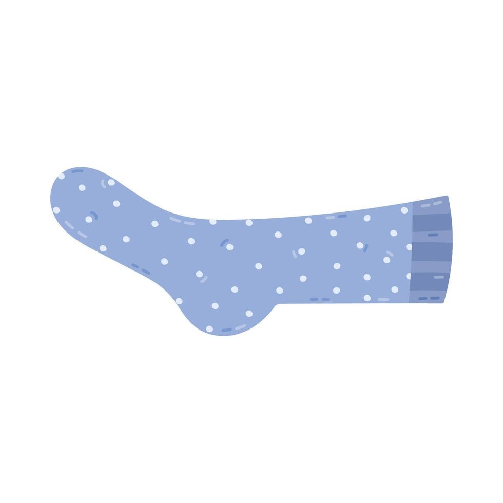 Lovely cartoon long sock with dotted pattern and stripes. Cute knitted foot accessory for children, women, man. Wintertime feet clothes clipart isolated on white background. Trendy colorful garment. vector