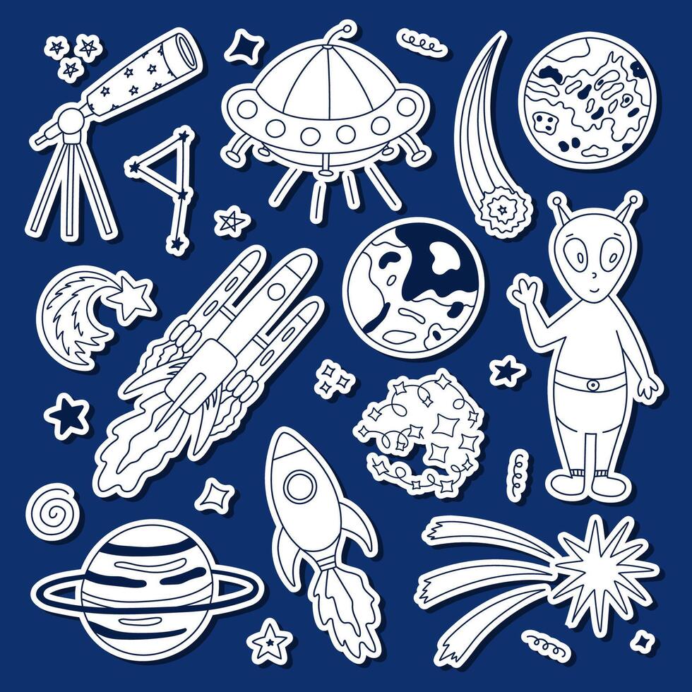 Cute outline sticker set about galaxy, astronomy for planners, notebooks, diary. Ready for print list of childish stickers with doodle of UFO flying saucer, alien, spaceship, rocket, telescope. vector