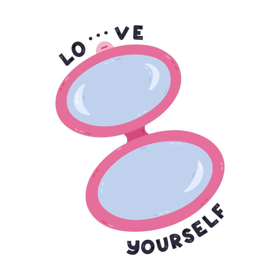 Lovely open compact mirror with double glasses, reflection, lettering Love Yourself. Cartoon hand drawn handheld pocket mirror with inspirational quote as sign of women confidence isolated on white. vector