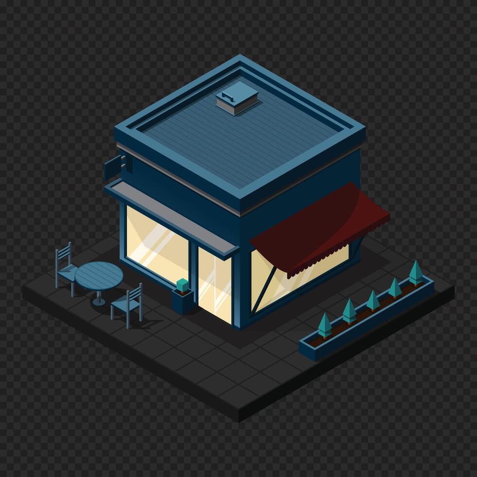Isometric cafe building at night. Cafe building exterior. Cafe icon. Isometric shop or stores. illustration vector