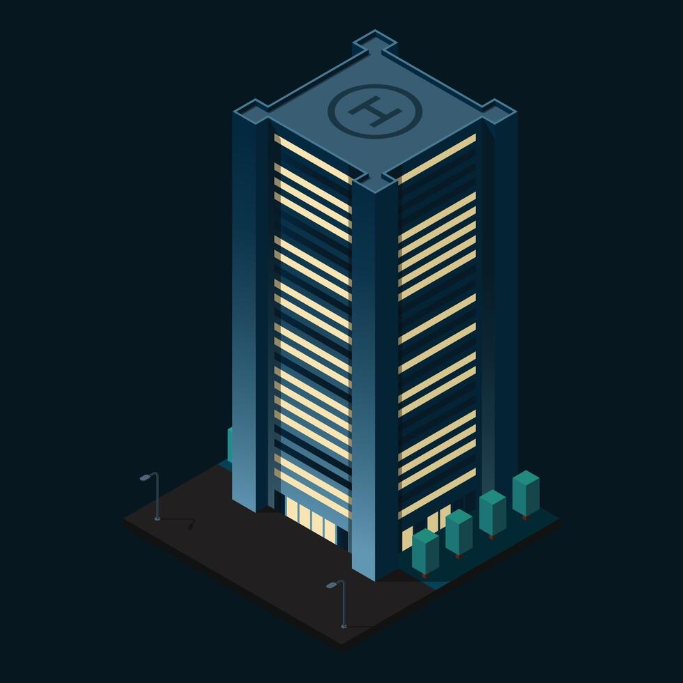 Isometric city building at night. Isometric modern building. Skyscraper building or business office. illustration vector