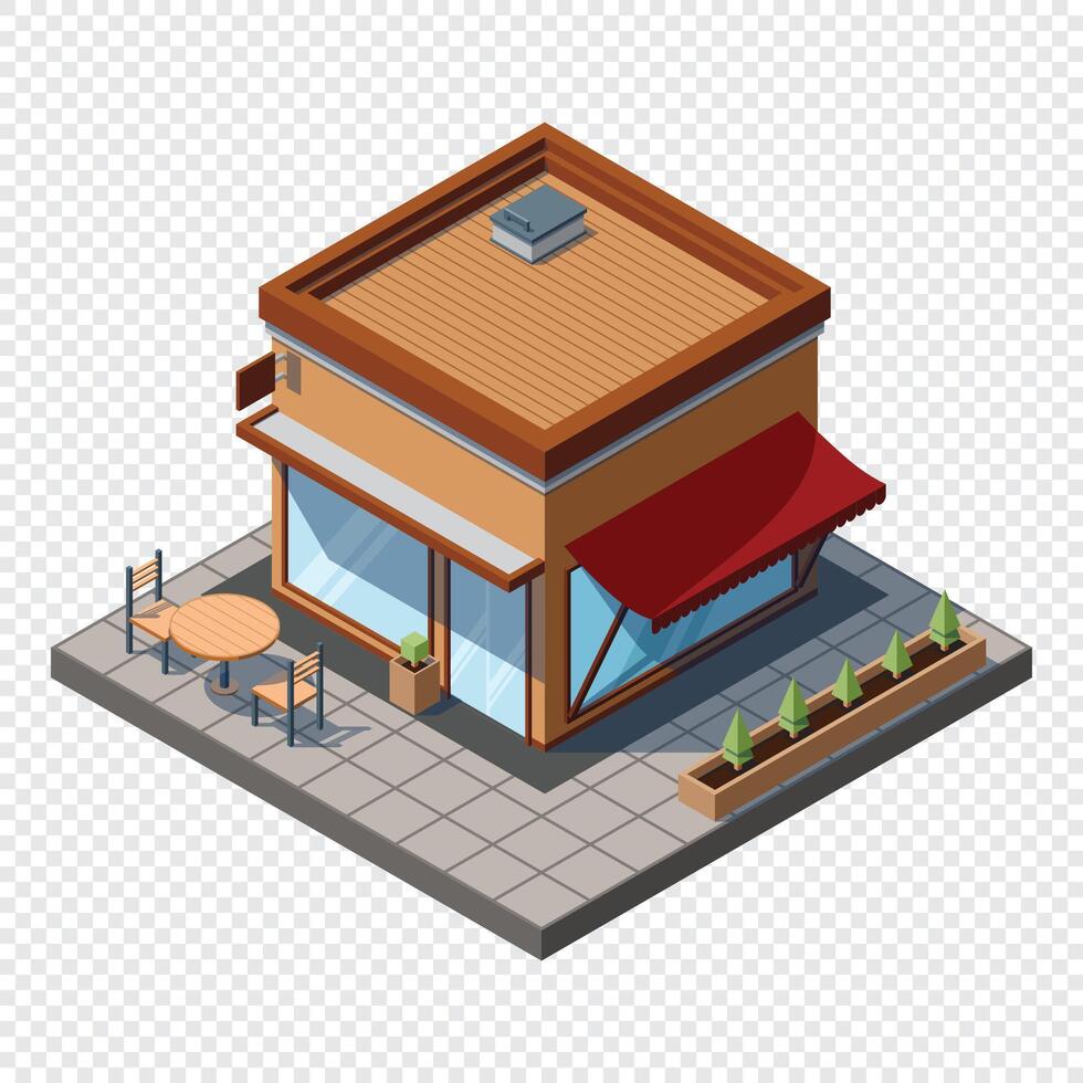Isometric cafe building. Cafe building exterior. Cafe icon. Isometric shop or stores. illustration vector