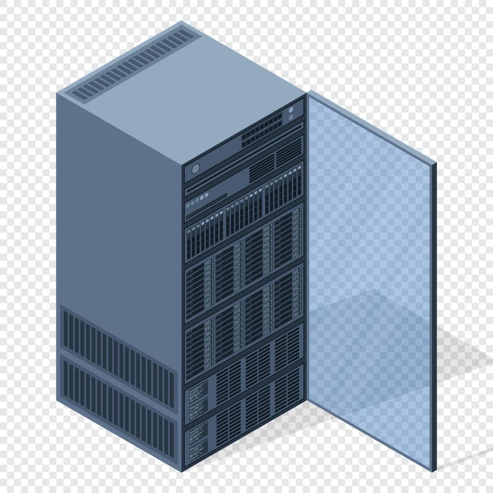 Isometric server. Server racks. Server boxes isolated. Network server room. Computer network technology. illustration vector