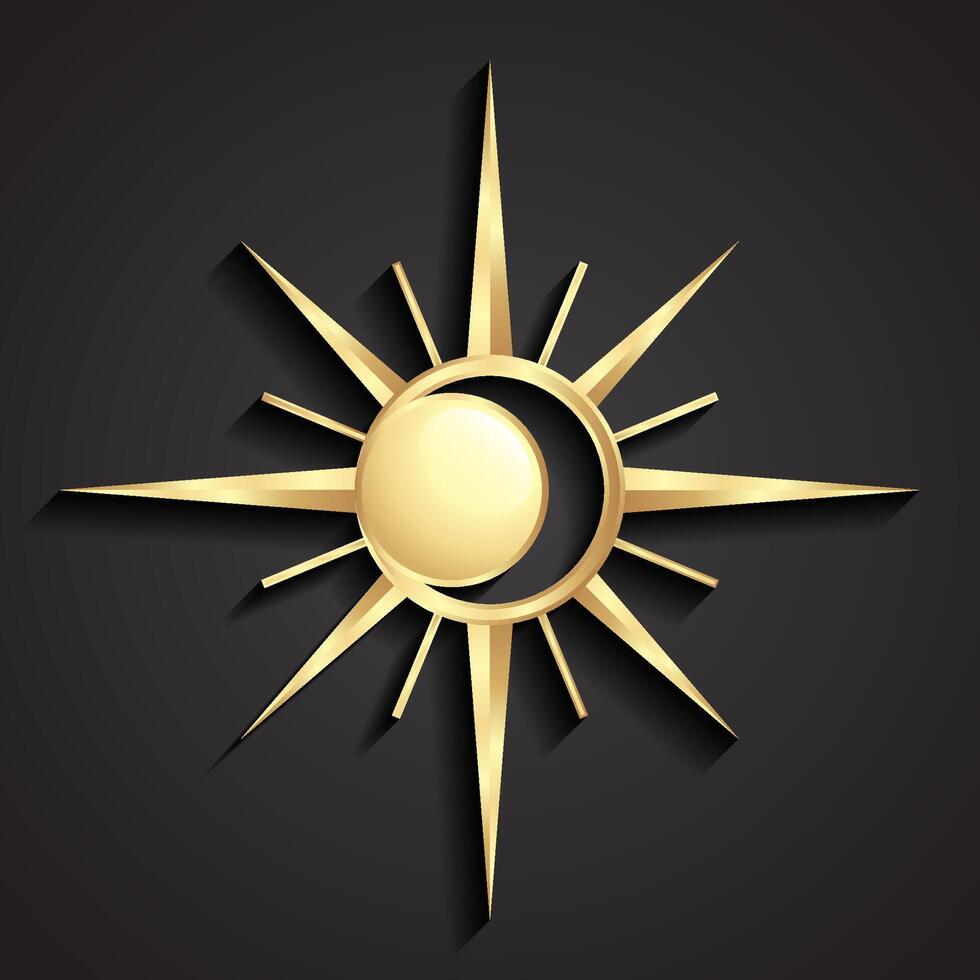 sun with negative shape moon 3d golden metal symbol vector