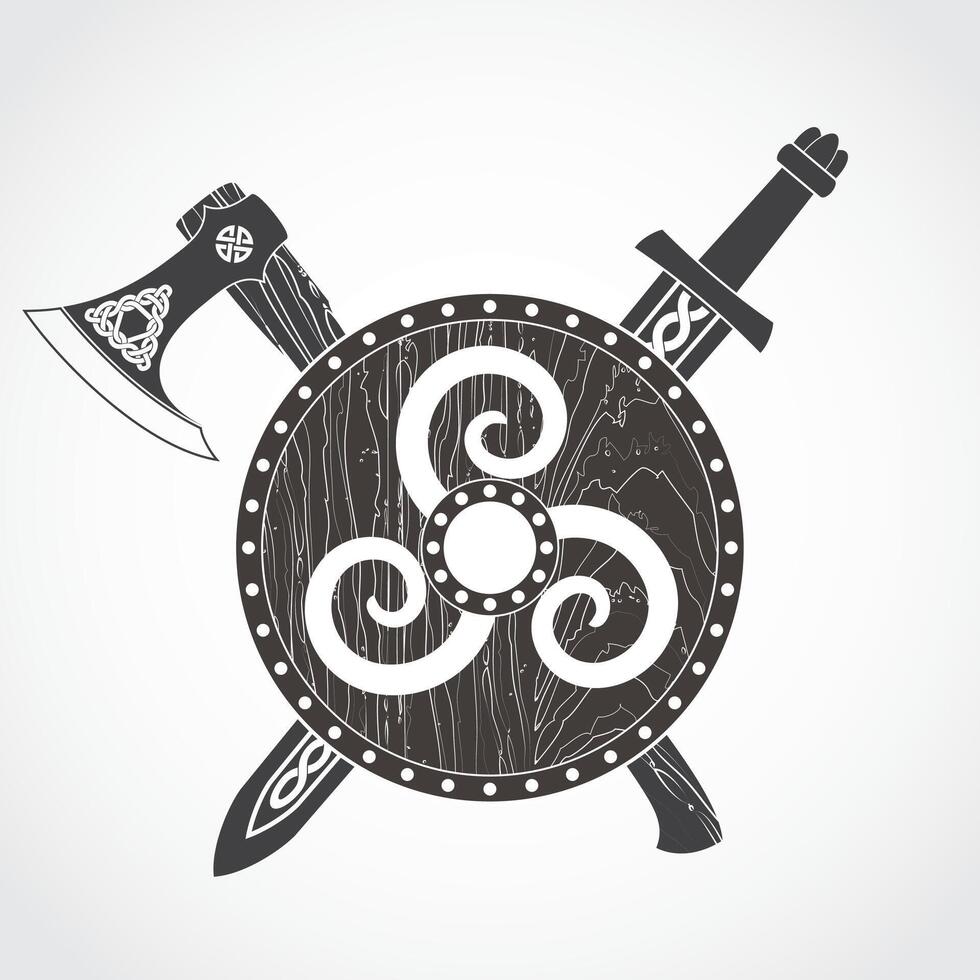 viking shield with sword and axe heraldry symbol vector