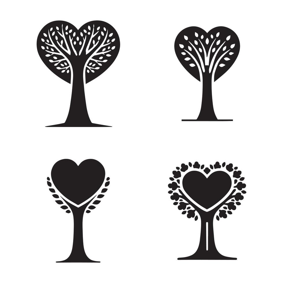 Four Heart-Shaped Tree Icons for Love and Nature vector