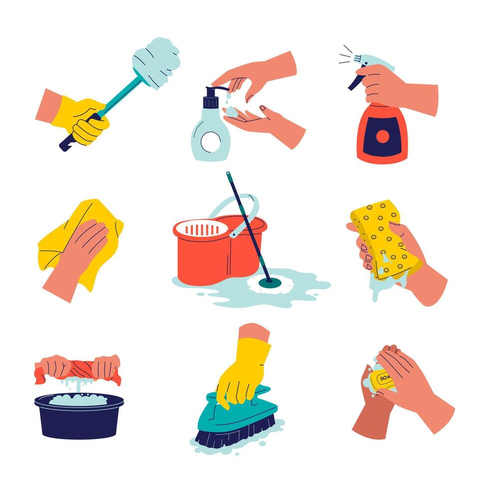 Set collection of cleaning products in hand vector