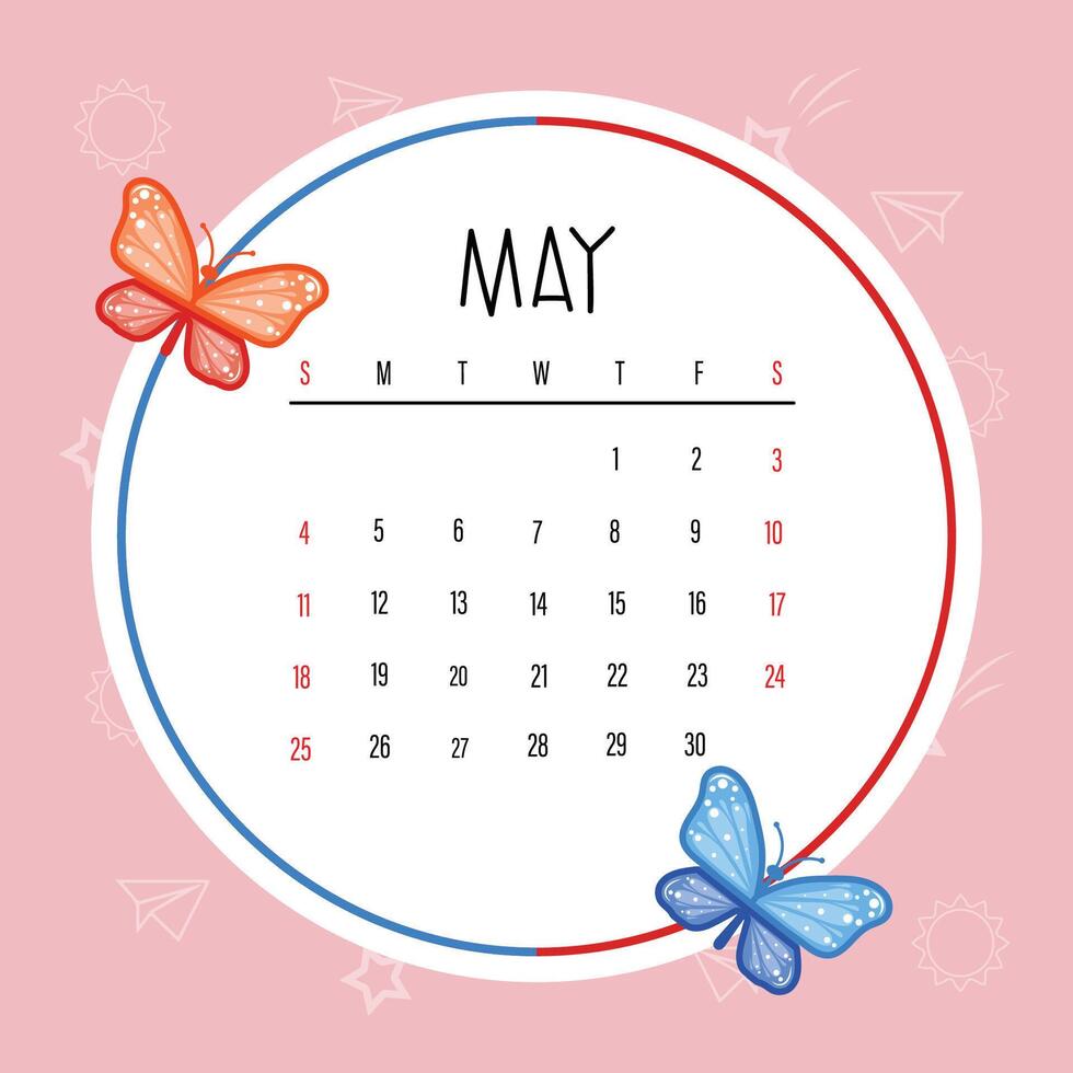 Colorful May 2025 Calendar Template with Cartoon Butterflies vector