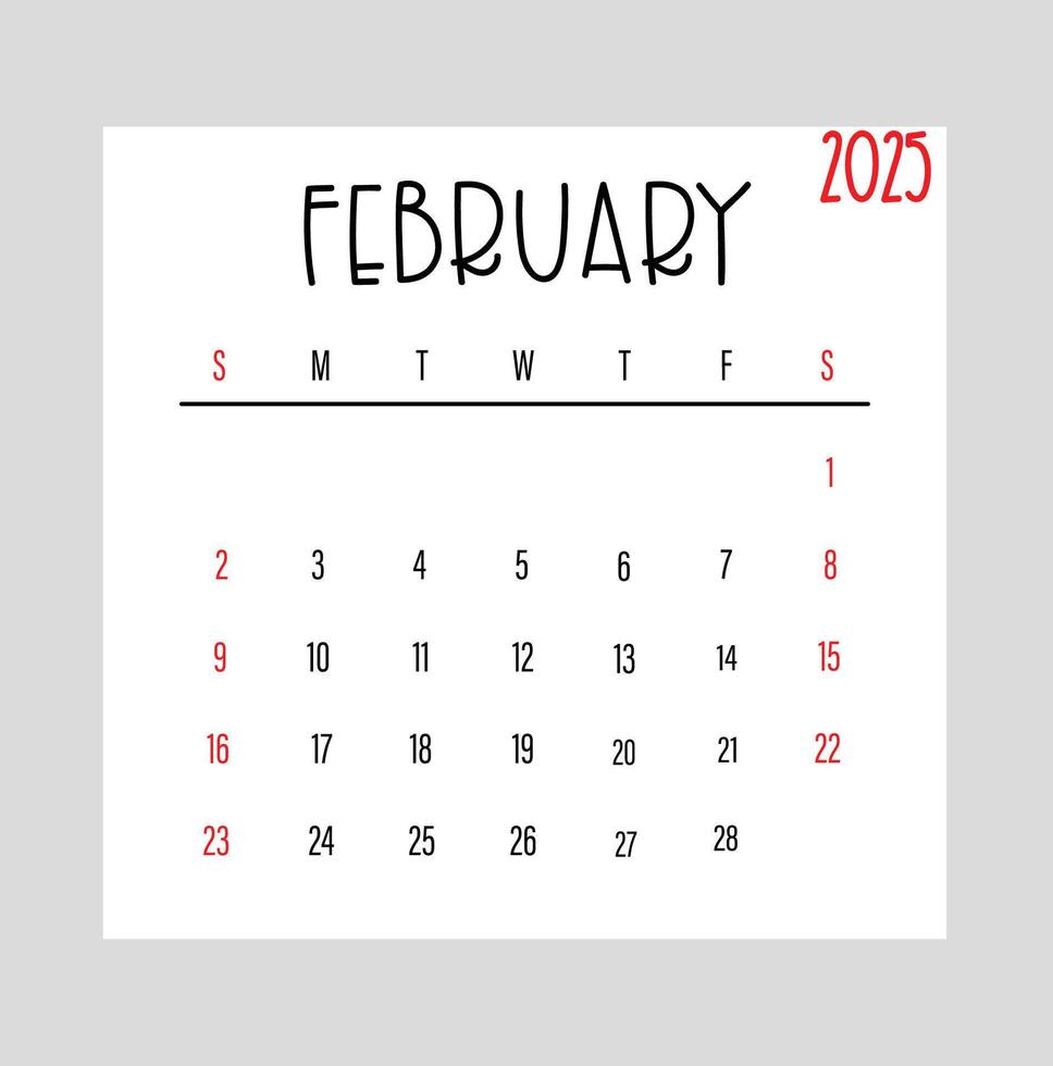 February 2025 Monthly Calendar design with thin hand drawn font vector