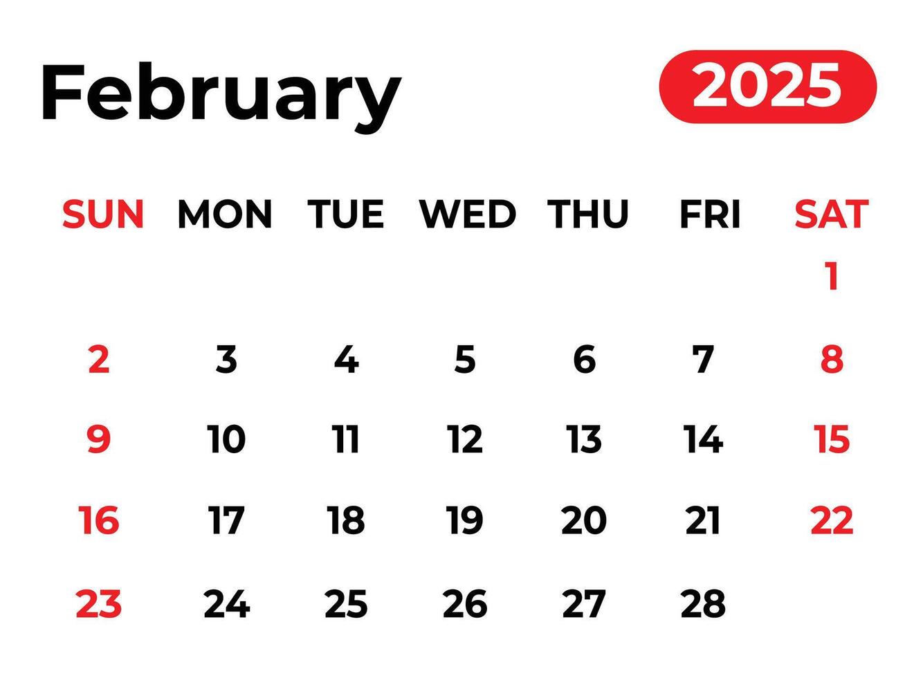 February 2025 monthly calendar design in clean look vector