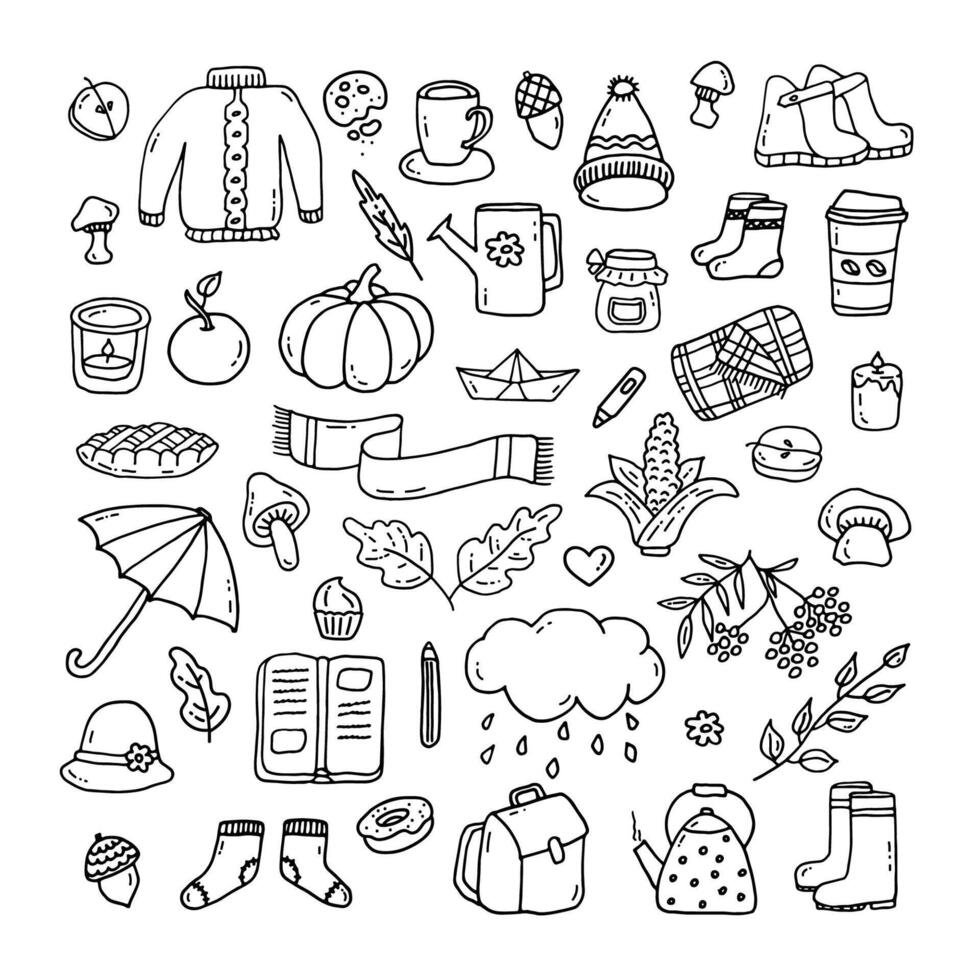 Autumn set. Blanket, jam jar, umbrella, teapot, candle. Doodles. Hand drawn. Outline. vector