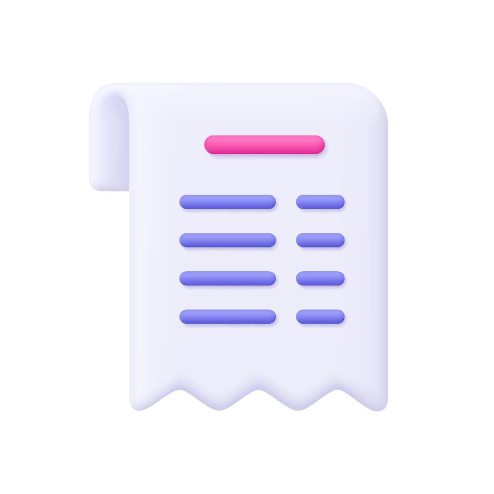 Cash receipt, bill check or invoice. Finance, banking and payment transaction concept. 3d icon. Cartoon minimal style. vector