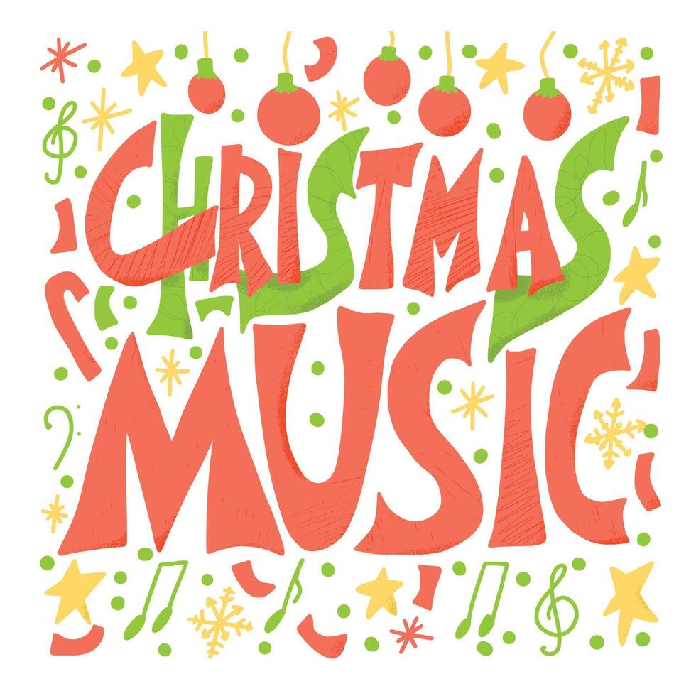 Christmas music text. word with decor. vector