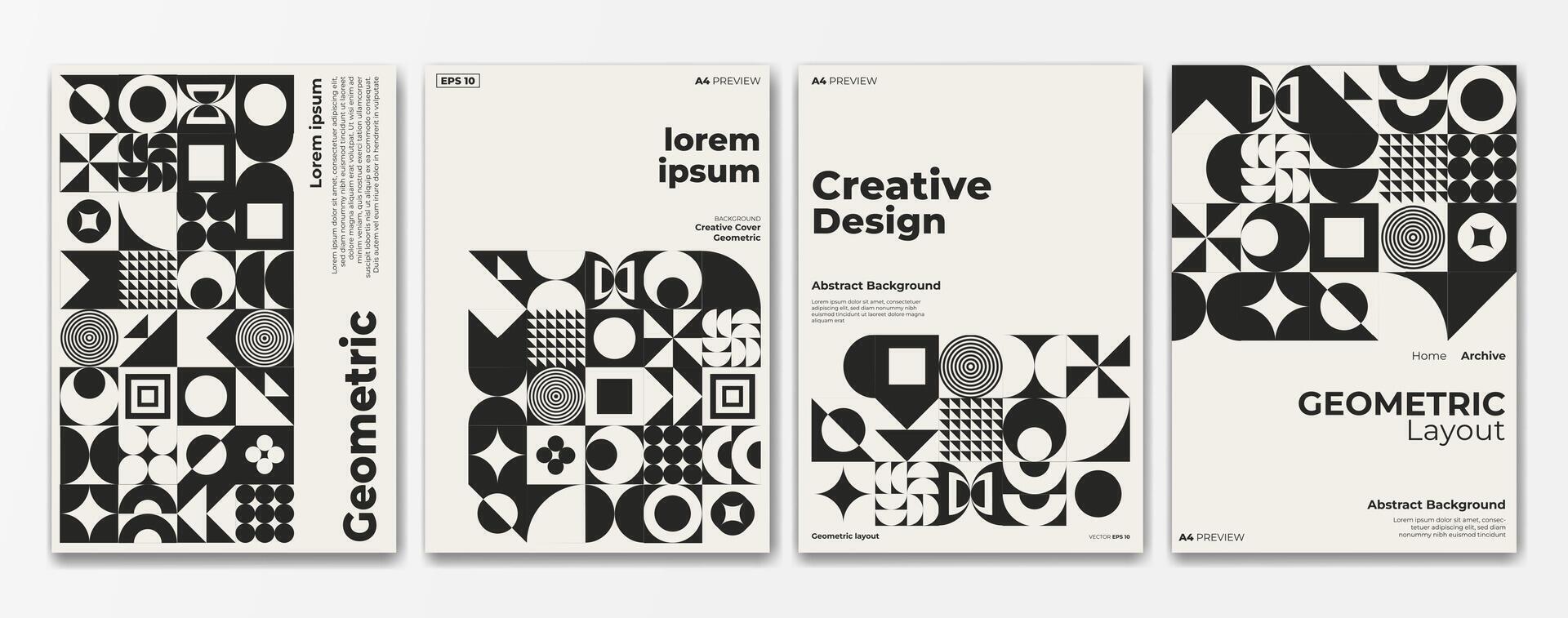 black and white geometric poster set with a4 format preview. Retro black and white geometric Bauhaus pattern background. Square, circle, semicircle, triangle and square line pattern vector