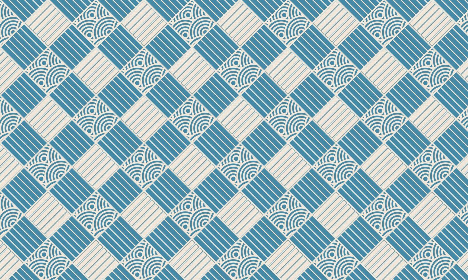 Blue and Beige Geometric seamless Pattern. Geometric pattern of blue and beige squares with striped and circular designs. vector