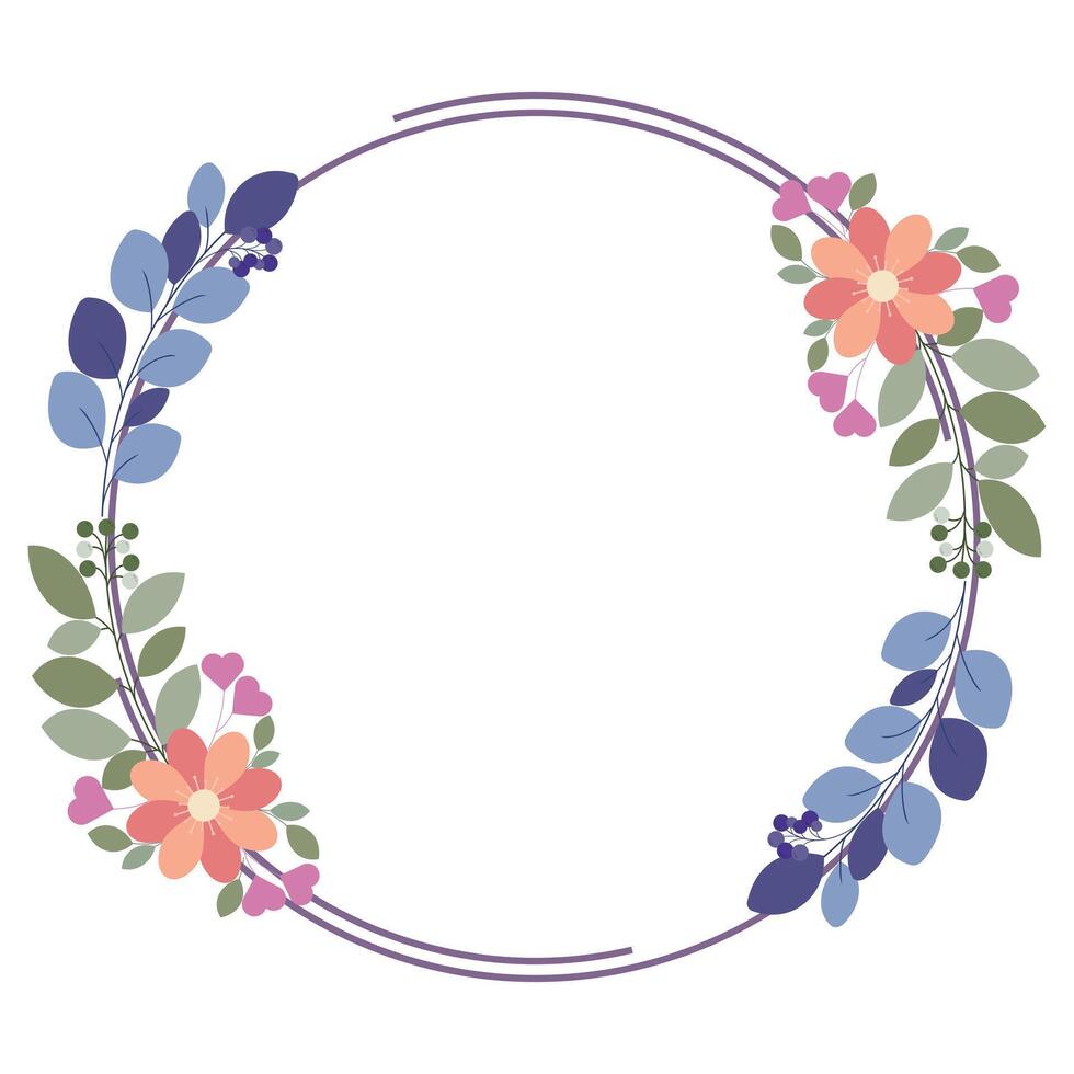 Circle Frame Or Wreath Decorated With Flowers And Green Leaves vector