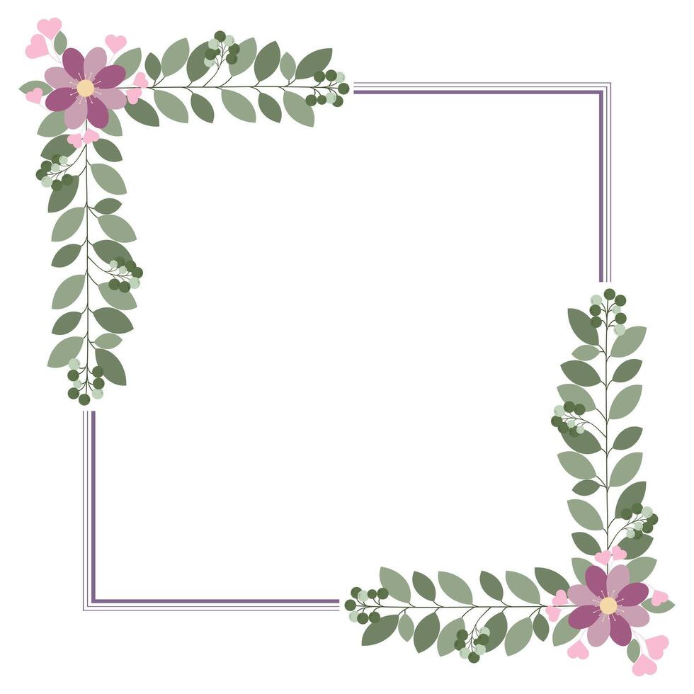 Square Wreath Decorated With Flowers And Green Leaves vector
