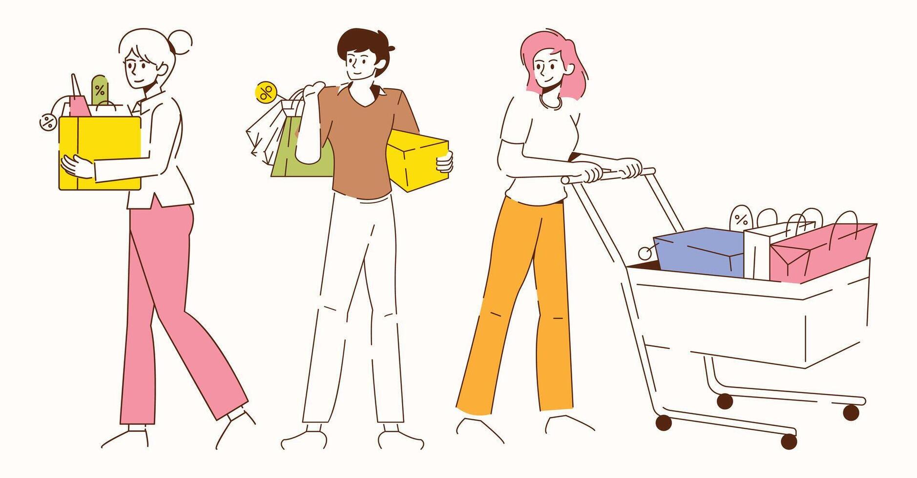 Three people are shopping and one of them is pushing a shopping cart vector